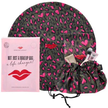 Donna May Drawstring Makeup Bag - Khaki & Pink Leopard