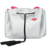 Silver make up bag with pink accents and a lip-shaped charm on a white background