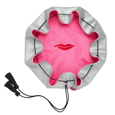 Pink and silver drawstring bag with a red lip design on a white background