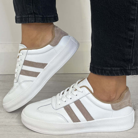 Drilleys Fifty White Sneakers - Taupe Stripe