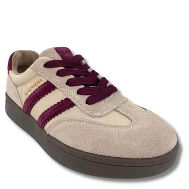 A low-top sneaker in beige suede and canvas with deep burgundy laces, burgundy side stripes, and a dark brown sole, shown on a white background.