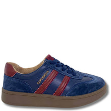 A blue suede and leather sneaker with red side stripes, a gold 'SUPERNOVA' logo, and a brown gum sole, shown from a side profile on a white background.