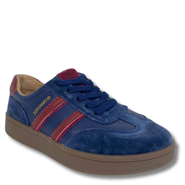 A blue suede low-top sneaker with burgundy stripes and laces, featuring gold 'SUPERNOVA' branding on the side and a brown gum sole, shown on a white background.