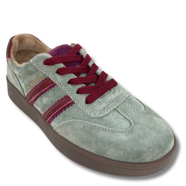 A light sage green suede sneaker with burgundy laces, burgundy side stripes, and a brown sole, shown on a white background.