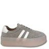 Gray sneaker with white stripes on a white background