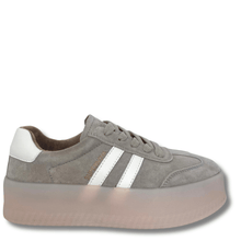 Gray sneaker with white stripes on a white background