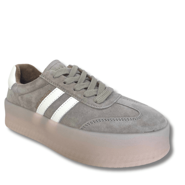 Gray sneaker with white stripes on a white background