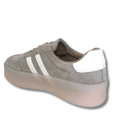 Gray sneaker with white stripes on a white background