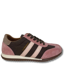 A low-top sneaker with a color-blocked design featuring dusty pink suede, dark brown panels, and light pink scalloped stripes on the side. The shoe has dark brown laces, a cream midsole, and the brand name 'SUPERNOVA' printed in gold on the side.