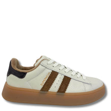 A low-top sneaker with a white pebbled leather upper, three brown suede stripes, a black heel tab, and a thick brown gum sole. The side of the shoe features the text 'SUPERVOA' in gold.