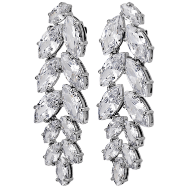 Pair of silver earrings with clear gemstones on a white background