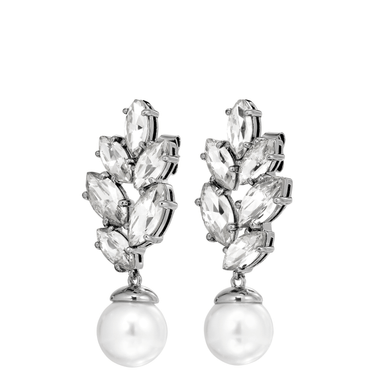 Pair of earrings with crystal and pearl details on a white background