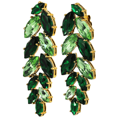 Green gemstone earrings with gold accents on a white background