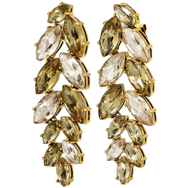 Gold and gemstone earrings on a white background