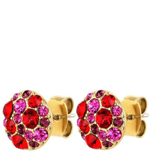 A pair of gold stud earrings with round clusters of faceted rhinestones in red, magenta pink, and dark purple, shown against a plain white background.