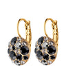 A pair of gold leverback earrings with oval clusters of faceted black and clear rhinestones, shown on a plain white background.