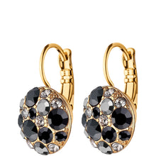 A pair of gold leverback earrings with oval clusters of faceted black and clear rhinestones, shown on a plain white background.