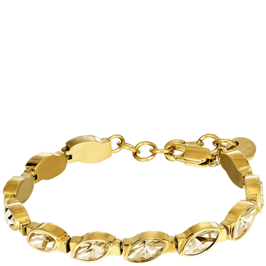 Gold bracelet with clear gemstones on a white background