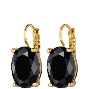 Gold earrings with black gemstones on a white background