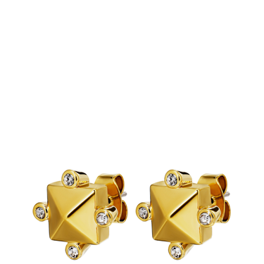 Gold geometric earrings with small diamonds on a white background