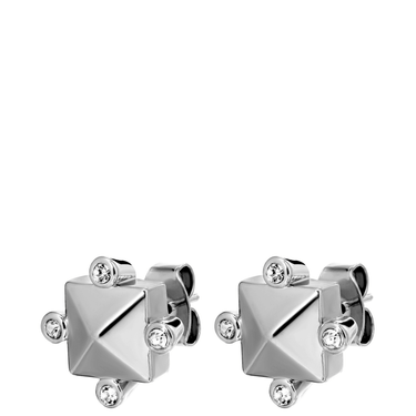 Pair of silver geometric earrings with small diamonds on a white background