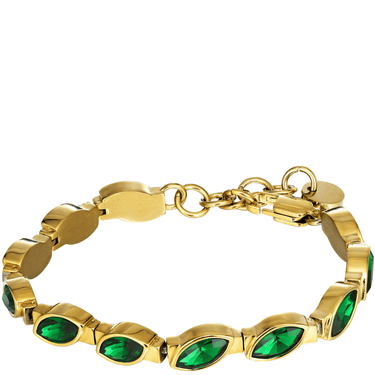 Gold bracelet with green gemstones on a white background