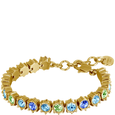 Gold bracelet with blue and green gemstones on a white background