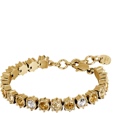 Gold bracelet with star-shaped links and clear gemstones on a white background