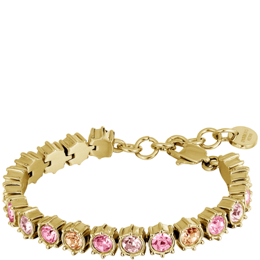 Gold bracelet with pink gemstones on a white background