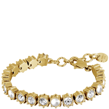 Gold bracelet with embedded crystals on a white background