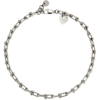 A silver-toned chain bracelet with alternating elongated oval links and smaller bead links, featuring a lobster clasp and a heart-shaped tag engraved with 'CHRISTIAN DIAMOND DESIGN'.
