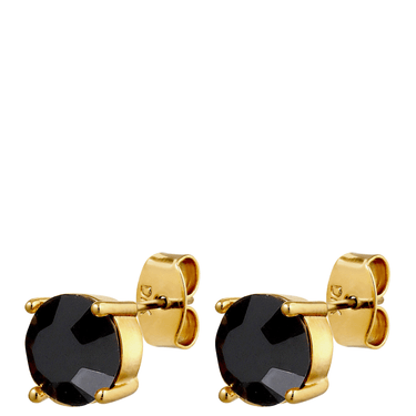 Gold earrings with black gemstones on a white background