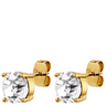 Gold stud earrings with clear gemstones on a white background