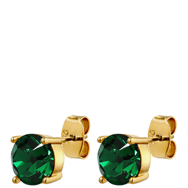 Gold earrings with green gemstones on a white background