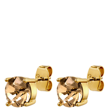 Gold earrings with large gemstones on a white background