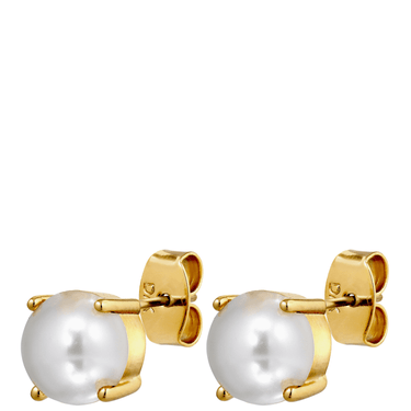 Gold earrings with white pearls on a white background