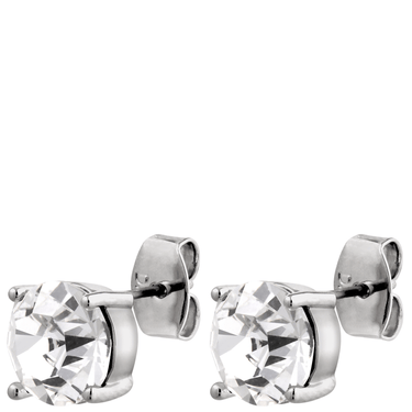 Silver stud earrings with clear gemstones on a white background