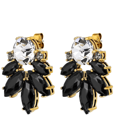 Pair of earrings with black and gold stones on a white background