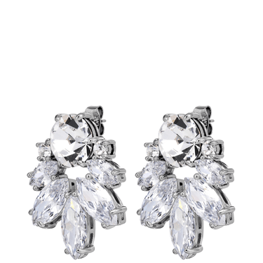 Pair of silver earrings with clear gemstones on a white background