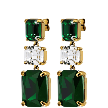 Gold earrings with green and clear gemstones on a white background