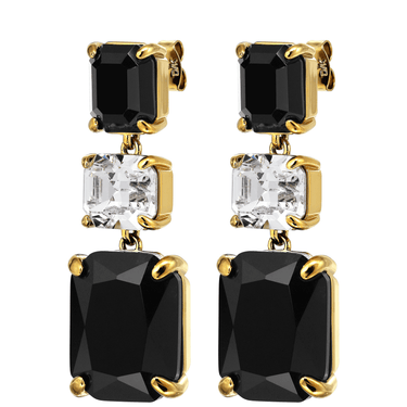 Pair of earrings with black and clear gemstones in gold settings on a white background