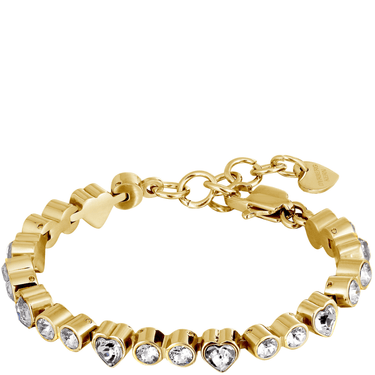 Gold bracelet with heart-shaped charms on a white background