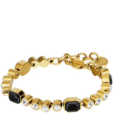 Gold bracelet with black and clear gemstones on a white background