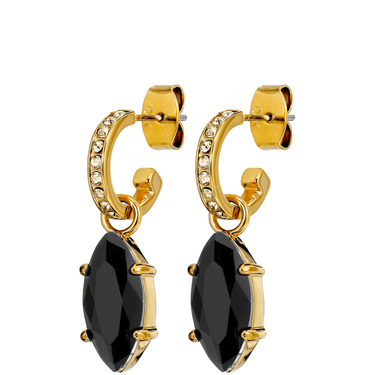Gold hoop earrings with black gemstones on a white background