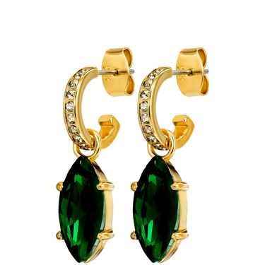 Gold hoop earrings with green gemstones on a white background