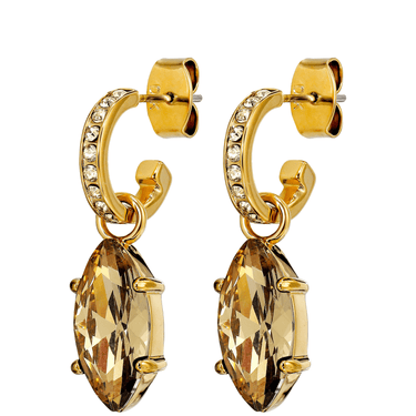 Gold hoop earrings with large amber gemstones on a white background