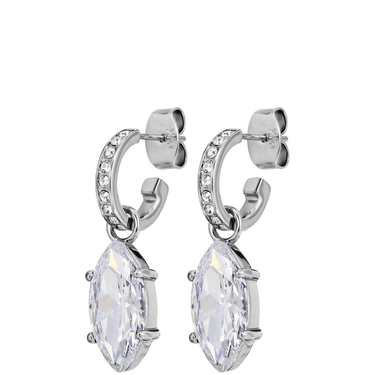 Silver hoop earrings with clear gemstones on a white background