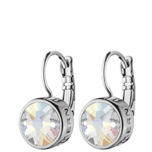 A pair of silver-toned leverback earrings with round iridescent faceted crystal drops, shown on a plain white background.