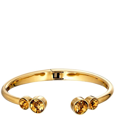 Gold-tone open cuff bracelet with three round amber-yellow crystal accents, shown on a plain white background.