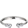 A polished silver-tone open cuff bangle bracelet with three clear round-cut rhinestones set at each end, shown on a plain white background.